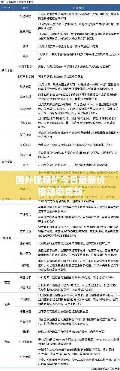 国外锂精矿今日最新价格动态更新